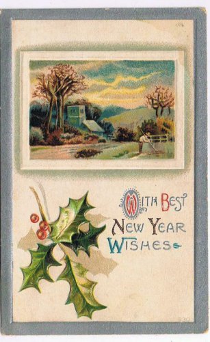 Holiday Postcard Embossed New Year Building Farmer Apple Trees