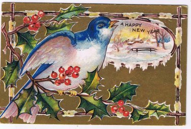 Holiday Postcard Embossed Happy New Year Bluebird Mistletoe Snow Scene