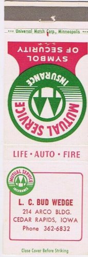 Matchbook Cover LC Bud Wedge Insurance Cedar Rapids Iowa
