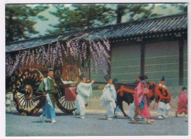 Japan Postcard 3D Lenticular Ceremonial Cart Oxen People