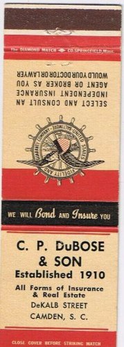 Matchbook CoverCP DuBose & Son Insurance Camden North Carolina
