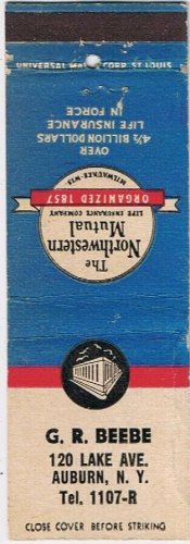 Matchbook Cover GR Beebe Insurance Auburn New York