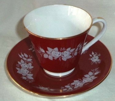 Aynsley Cup & Saucer Burgundy White Silver Roses Made in England