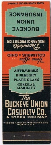 Matchbook Cover Buckeye Union Casualty Co Insurance Columbus Ohio