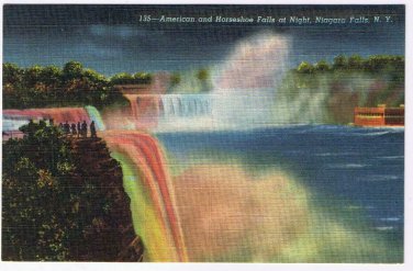 New York Postcard Niagara Falls American & Horseshoe Canadian Falls At Night