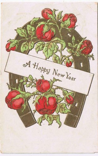 Holiday Postcard Happy New Year Horseshoe Rosebuds