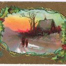 Holiday Postcard Embossed Merry Christmas Sunset Home Mistletoe