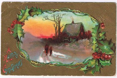 Holiday Postcard Embossed Merry Christmas Sunset Home Mistletoe
