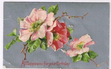 Greetings Postcard Embossed All Happiness For Your Birthday Roses Stedman Bros