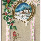 Holiday Postcard Embossed Christmas Merry Xmas Horseshoe Mistletoe Farm Scene
