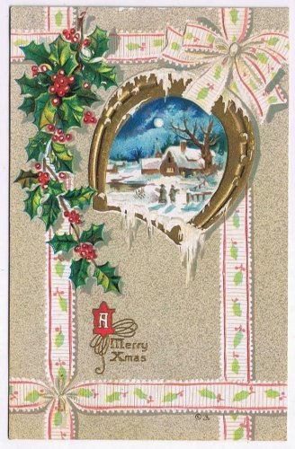 Holiday Postcard Embossed Christmas Merry Xmas Horseshoe Mistletoe Farm Scene