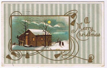 Holiday Postcard Embossed Christmas House Moonlight