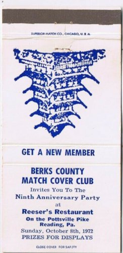 Matchbook Cover Berks County Matchcover Club Reeser's Restaurant Reading PA
