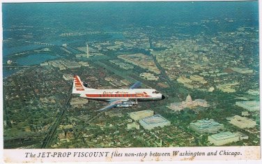 Postcard Airplane Jet-Prop Viscount Flies Non-Stop Washingto To Chicago