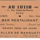 Paris Au Lutin Bar Restaurant Business Card 1950s