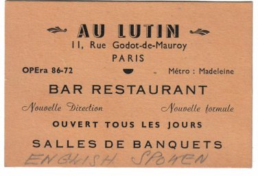 Paris Au Lutin Bar Restaurant Business Card 1950s