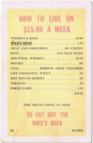 Postcard How To Live On $15.00 A Week Cut Wife's Beer Elmer Anderson