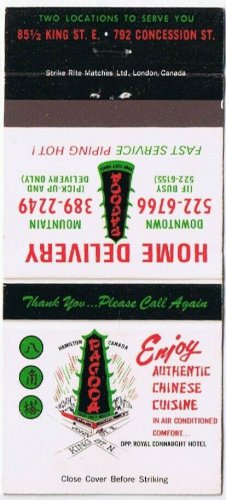 Matchbook Cover Pagoda Restaurant Downtown & Mountain Hamilton Ontario