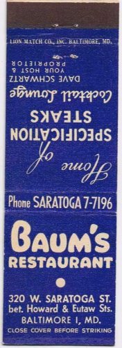 Matchbook Cover Baum's Restaurant Baltimore Saratoga St