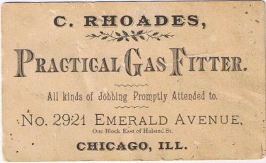 Business Card C Rhoades Practical Gas Fitter Emerald Ave Chicago Illinois