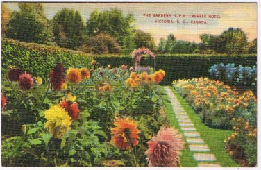 British Columbia Postcard Victoria CPR Empress Hotel Gardens Sunflowers