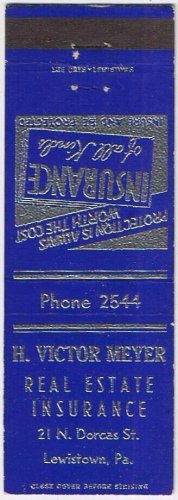 Matchbook Cover H Victor Meyer Insurance Lewistown Pennsylvania