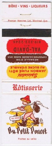 Matchbook Cover Au Petit Poucet Rotisserie Val-David Quebec