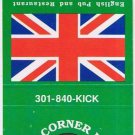 Matchbook Cover The Corner Kick Gaithersburn Maryland