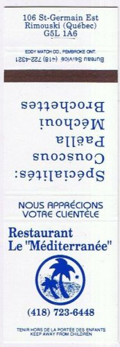 Matchbook Cover Restaurant Le Mediterranee Rimouski Quebec