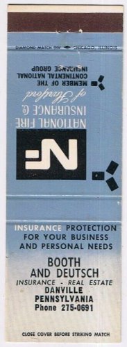 Matchbook Cover Booth & Deutsch Insurance Danville Pennsylvania