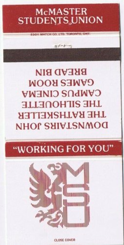 Matchbook Cover McMaster University Student Union Hamilton Ontario