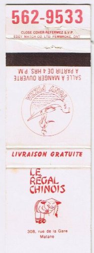 Matchbook Cover Le RegaL Chinois Matane Qiebec White