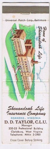 Matchbook Cover DD Taylor Shenandoah Life Insurance Clarksburg West Virginia