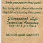 Matchbook Cover DD Taylor Shenandoah Life Insurance Clarksburg West Virginia