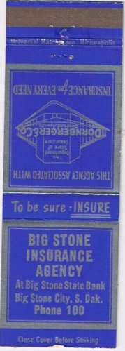 Matchbook Cover Big Stone Insurance Agency Big Stone City South Dakota
