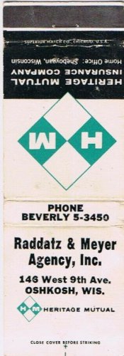 Matchbook Cover Raddatz & Meyer Agency Insurance Oshkosh Wisconsin