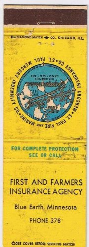 Matchbook Cover First & Farmers Insurance Agency Blue Earth Minnesota