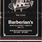 Matchbook Cover Barberian's Steak House Toronto Ontario