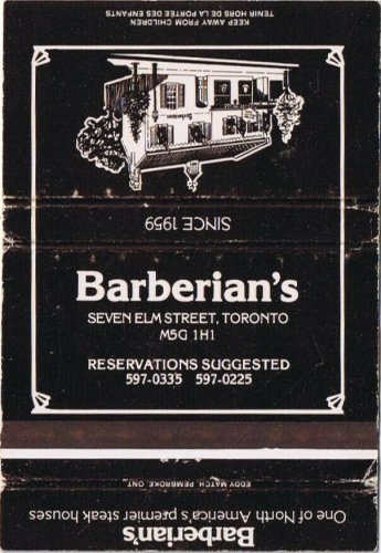 Matchbook Cover Barberian's Steak House Toronto Ontario