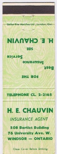 Matchbook Cover HE Chauvin Insurance Windsor Ontario
