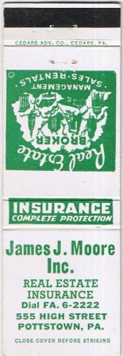Matchbook Cover James J Moore Insurance Pottstown Pennsylvania