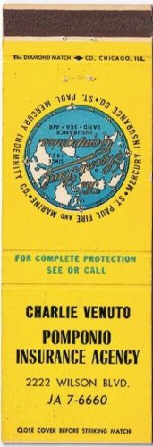 Matchbook Cover Charlie Venuto Pomponio Insurance Agency St Paul Minnesota
