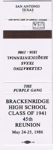 Matchbook Cover Brackenridge High School Class of 1941 45th Reunion 1986 Texas
