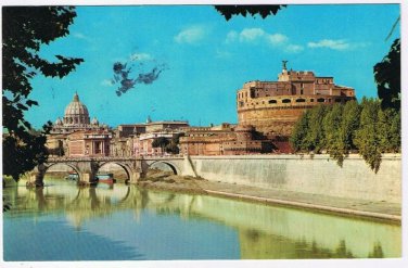 Postcard Saint Angelo's Castle & Basilica Of St Peter's From Tiber Bank Rome