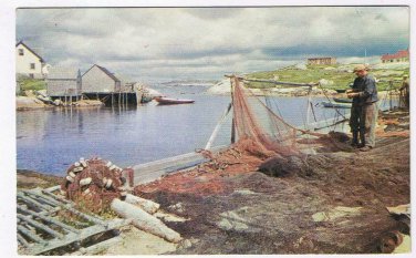 Nova Scotia Postcard Peggy's Cove Fishermen Mending Nets