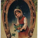 Birthday Postcard Young Girl With Shamrocks & Horseshoe Germany