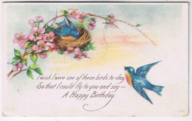 Greetings Postcard Happy Birthday Bluebirds Nest Wild Roses 1919 Broken Circle
