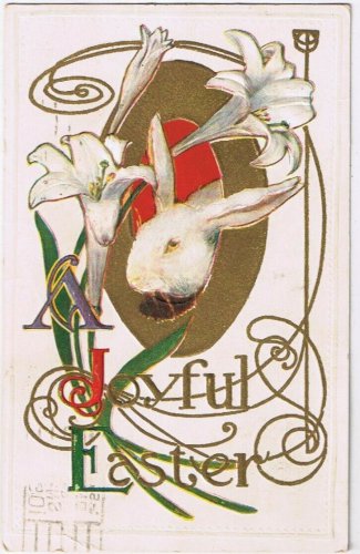 Postcard Embossed Joyful Easter Bunny Rabbit Lilies Detroit 1925