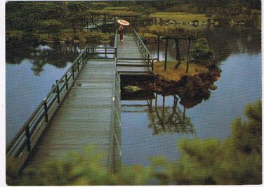 Japan Postcard Bridge Across Lake Lady With Umbrella