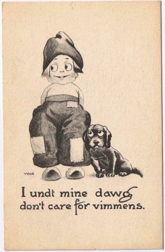Samson Brothers Postcard Big Eyed Boy Don Care For Vimmens Dawg Wall Made In USA